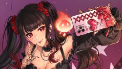  :p armpits black_hair blunt_bangs breasts cleavage commission dress female fishnet_gloves fishnets gloves gradient_hair kingchenxi large_breasts mole mole_on_breast mole_under_eye multicolored_hair nijisanji nijisanji_en off-shoulder_dress off_shoulder red_eyes scarle_yonaguni scarle_yonaguni_(4th_costume) scarling_(scarle_yonaguni) second-party_source selfie tongue tongue_out twintails virtual_youtuber w 