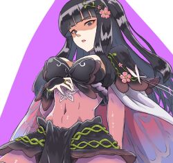  :o black_eyes black_hair blunt_bangs bodystocking breasts bridal_gauntlets covered_navel donguri_(reji22) female fire_emblem fire_emblem_awakening fire_emblem_heroes flower hair_flower hair_ornament long_hair looking_at_viewer looking_down official_alternate_costume open_mouth solo tharja_(fire_emblem) tharja_(resplendent)_(fire_emblem) 