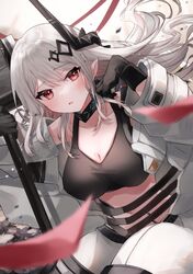  :o arknights black_gloves black_sports_bra bodysuit breasts cleavage female gloves hammer highres holding holding_hammer holding_weapon horns infection_monitor_(arknights) large_breasts long_hair material_growth mudrock_(arknights) mudrock_(elite_ii)_(arknights) open_bodysuit open_clothes oripathy_lesion_(arknights) pointy_ears red_eyes saiko_(saisaka) solo sports_bra weapon white_bodysuit white_hair 