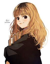  absurdres black_eyes black_jacket blush book brown_hair closed_mouth commentary_request female harry_potter_(series) hermione_granger highres hogwarts_school_uniform hugging_object jacket light_brown_hair long_hair long_sleeves looking_at_viewer looking_to_the_side school_uniform signature simple_background smile sofra solo thick_eyebrows twitter_username upper_body white_background wizarding_world 