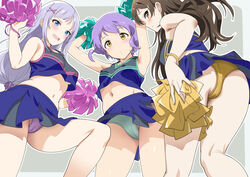  3girls :o andou_shuki aqua_panties armpits arms_up ass blue_eyes blue_hair blue_shirt blue_skirt blush breasts brown_hair cameltoe cheerleader commentary_request covered_nipples crop_top dot_nose embarrassed escape_(idolmaster) expressionless eyelashes from_below grey_background hair_ornament hair_scrunchie hairclip highres holding holding_pom_poms idolmaster idolmaster_million_live! idolmaster_million_live!_theater_days kitazawa_shiho leg_up legs light_blue_hair long_hair looking_at_viewer makabe_mizuki medium_breasts microskirt multiple_girls navel no_bra open_mouth panties pantyshot pink_panties pom_pom_(cheerleading) purple_scrunchie scrunchie shiraishi_tsumugi shirt short_hair sidelocks skirt small_breasts stomach thighs underwear wavy_hair wristband yellow_eyes yellow_panties yellow_wristband 