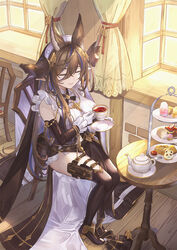  absurdres animal_ear_fluff animal_ears ankle_boots bare_shoulders belt belt_pouch black_dress black_footwear black_thighhighs blue_eyes boots breasts brown_hair closed_eyes closed_mouth cup curtains detached_sleeves dress female food galleon_(granblue_fantasy) gloves granblue_fantasy hair_between_eyes high_heel_boots high_heels highres holding holding_cup huanghyy indoors large_breasts long_hair long_sleeves multicolored_hair pastry pelvic_curtain pointy_ears pouch saucer sitting smile solo streaked_hair table tea teacup teapot thigh_pouch thigh_strap thighhighs tiered_tray two-tone_hair very_long_hair white_gloves window wooden_floor wooden_table 