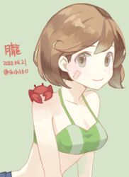  bandaid bandaid_on_face bikini blush breasts brown_eyes brown_hair character_name crab crab_on_shoulder dated female green_background green_bikini kantai_collection kasumi_(skchkko) medium_breasts oboro_(kancolle) one-hour_drawing_challenge short_hair simple_background smile solo swimsuit twitter_username upper_body 