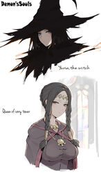  2girls black_eyes black_hair blue_eyes braid breasts cape character_request circlet demon&#039;s_souls hat highres jewelry laserflip long_hair looking_at_viewer multiple_girls necklace smile witch_hat yuria_the_witch 