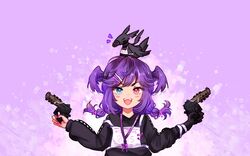  animal_on_head apex_legends black_sweater blue_eyes braid dragon dual_wielding ember_(selen_tatsuki) energy_gun fangs female gun handgun head_wings heterochromia highres holding holding_gun holding_weapon lanyard medium_hair muzzle nijisanji nijisanji_en on_head open_mouth purple_eyes purple_hair reiru sa-3_mozambique selen_tatsuki selen_tatsuki_(1st_costume) shotgun solo sweater twin_braids v-shaped_eyebrows virtual_youtuber weapon wings 