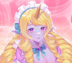  blonde_hair bow bowtie braid breasts cafe_cuties_soraka cleavage closed_mouth colored_skin dress female gem green_bow green_bowtie hairbow highres horns large_breasts league_of_legends long_hair maid_headdress pink_dress pink_eyes pink_skin pointy_ears puffy_short_sleeves puffy_sleeves shiny_skin short_sleeves single_horn smile solo soraka_(league_of_legends) twin_braids twintails upper_body wing_(39_miku831) 