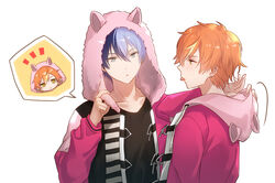  2boys animal_hood aoyagi_touya awakening_beat_(project_sekai) beat_eater_(vocaloid) black_shirt blue_hair cat_hood earrings hood hooded_jacket hoodie jacket jewelry looking_at_viewer male_focus multicolored_hair multiple_boys official_alternate_costume offtoon12 open_clothes open_mouth orange_hair pink_jacket project_sekai shinonome_akito shirt short_hair split-color_hair t-shirt tongue two-tone_hair yellow_eyes 