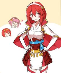  &gt;_&lt; &gt;o&lt; 3girls blush bow capelet cosplay costume_switch elbow_gloves fire_emblem fire_emblem:_mystery_of_the_emblem fire_emblem_fates gloves hairband hands_on_own_hips heart highres kwz_ini maria_(fire_emblem) minerva_(fire_emblem) multiple_girls red_eyes red_hair sakura_(fire_emblem) sakura_(fire_emblem)_(cosplay) skirt white_gloves 