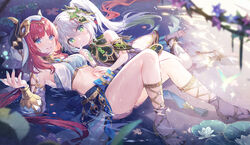  2girls absurdres armpits bare_shoulders blue_eyes breasts circlet dancer detached_sleeves dress fake_horns feet genshin_impact gradient_hair green_eyes grin hand_on_another&#039;s_stomach highres horns knees_up legs lino_chang long_hair looking_at_viewer lying medium_breasts midriff multicolored_hair multiple_girls nahida_(genshin_impact) nail_polish navel nilou_(genshin_impact) no_shoes on_back parted_lips partially_submerged plant red_hair revealing_clothes sandals short_dress side_ponytail smile stomach symbol-shaped_pupils thighs toenail_polish toenails toes veil vines water wet white_dress white_hair white_veil 