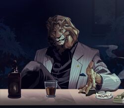  2023 5_fingers anthro beverage black_clothing black_topwear bottle clothed clothing container felid fingers fur hair hi_res lion lljh male mammal mane mane_hair money pantherine pinstripes solo topwear whiskers 