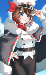  azusa_(azunyan12) belt black_cloak black_necktie black_skirt blue_eyes blue_sky blurry brown_hair buttons cloak cloud collared_shirt commentary cowboy_shot curly_hair day depth_of_field double-breasted female fur-trimmed_cloak fur_trim hair_ribbon hand_on_headwear hand_up hat highres hood hood_down hooded_cloak jacket long_sleeves looking_at_viewer meiko_(vocaloid) multicolored_eyes multicolored_hair necktie o-ring peaked_cap pencil_skirt red_hair red_nails red_ribbon red_shirt ribbon shirt short_hair skirt sky smile solo streaked_hair unbuttoned vocaloid white_hair white_hat white_jacket yuki_meiko yuki_meiko_(2022) 