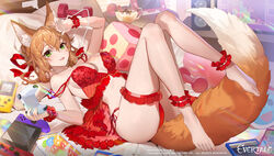  2022 animal_ears ankle_garter artist_name babydoll blonde_hair breasts bridal_garter company_name controller copyright_notice evertale female fox_ears fox_girl fox_tail game_controller green_eyes hair_between_eyes highres holding holding_controller holding_game_controller large_breasts legs_up lingerie looking_at_viewer lying mysha nightgown official_art on_back on_bed open_mouth panties red_babydoll red_nightgown red_panties short_hair side-tie_panties solo tail teffish underwear 