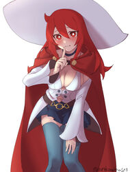  arikindows10 artist_name blush breasts bright_pupils buttons cape cleavage clothing_cutout detached_sleeves dress embarrassed female finger_to_mouth hair_between_eyes hat highres leaning_forward little_witch_academia long_hair navel navel_cutout pleated_skirt red_cape red_eyes red_hair shiny_chariot shushing simple_background skirt solo thighhighs twitter_username uniform white_background white_hat white_pupils wide_sleeves witch witch_hat 