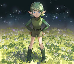  belt blue_eyes closed_mouth commentary dress female flower full_body green_hair green_hairband hairband hands_on_own_hips kokiri looking_at_viewer pointy_ears saria_(zelda) sasumata_jirou short_hair shorts smile solo standing the_legend_of_zelda the_legend_of_zelda:_ocarina_of_time 