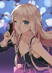  ahoge bare_shoulders black_shirt blonde_hair blue_eyes blurry bokeh braid commentary depth_of_field derringer female flat_chest gun hair_between_eyes hair_over_shoulder hand_up handgun highres holding holding_gun holding_weapon ia_(vocaloid) leaning_forward long_bangs long_hair long_sleeves off-shoulder_shirt off_shoulder one_eye_closed open_mouth pink_skirt pleated_skirt shirt signature skirt solo spaghetti_strap trigger_discipline twin_braids upper_body very_long_hair vocaloid weapon yanagita_kousuke 