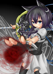  1other animal_ears armor black_fur black_gloves black_hair black_legwear blue_eyes blush body_armor breastplate bright_pupils cat_ears cat_girl chest_armor commentary dress earrings energy energy_ball feet_out_of_frame female fingerless_gloves fran_(tensei_shitara_ken_deshita) gloves gradient_background grey_background grey_dress hair_between_eyes hands_up holding holding_sword holding_weapon jewelry kuu96 light_blush living_weapon long_hair looking_at_viewer magic magic_circle outstretched_arm over_shoulder shishou_(tensei_shitara_ken_deshita) short_sleeves solo_focus standing sword sword_over_shoulder tensei_shitara_ken_deshita thighhighs thighs unsheathed weapon weapon_over_shoulder white_pupils 