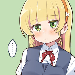  ... blonde_hair blush breasts check_commentary commentary commentary_request dot_nose dress expressionless female green_background green_eyes grey_dress hairband heanna_sumire long_hair looking_at_viewer love_live! love_live!_superstar!! medium_breasts mezashi_(mezamashi_set) pinafore_dress red_ribbon ribbon school_uniform shirt sleeveless sleeveless_dress solo speech_bubble upper_body white_shirt wing_collar yuigaoka_school_uniform 