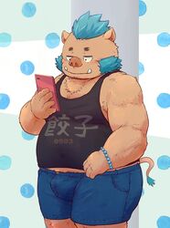  2020 anthro belly blush bottomwear brown_body brown_fur bulge clothing electronics fur ganglie_(tas) humanoid_hands kemono lifewonders male mammal overweight overweight_anthro overweight_male phone shirt shorts solo suid suina sus_(pig) tank_top tokyo_afterschool_summoners topwear wild_boar yakiniku 