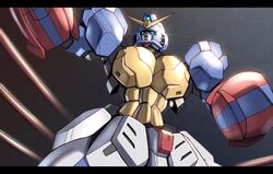  absurdres blue_eyes g_gundam glowing glowing_eyes grey_background gundam gundam_maxter highres letterboxed looking_up mecha no_humans robot science_fiction solo takahashi_masaki v-fin 