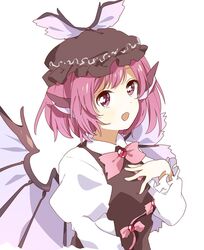  bow bowtie breasts brown_dress brown_hat clip_studio_paint_(medium) dress dress_bow female gem hand_up hat highres jewelry long_sleeves looking_at_viewer medium_breasts mob_cap mystia_lorelei namori_(style) open_mouth pink_bow pink_bowtie pink_eyes pink_hair pointy_ears puffy_sleeves sasaki_sakiko shirt short_hair simple_background smile solo touhou white_background white_shirt wings 