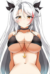  absurdres azur_lane bare_shoulders bikini black_bikini black_choker blush breasts calligraphy_brush calligraphy_brush_(medium) choker closed_mouth female flag_print german_flag_bikini graphite_(medium) highres large_breasts long_hair looking_at_viewer moyoron multicolored_hair navel official_alternate_costume paintbrush prinz_eugen_(azur_lane) prinz_eugen_(unfading_smile)_(azur_lane) ribbon side-tie_bikini_bottom simple_background solo stomach streaked_hair swimsuit traditional_media two_side_up underboob very_long_hair white_background white_hair 