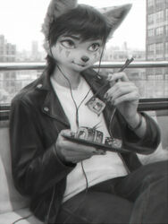  3:4 5_fingers ambiguous_gender anthro canid canine chopsticks city clothed clothing detailed_background digital_media_(artwork) eating electronics fingers food fox greyscale headphones holding_object holding_tool holding_utensil kitchen_utensils makizushi mammal monochrome sitting solo sushi terry_grimm tools uramaki 