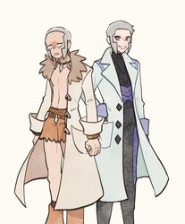  2boys black_bodysuit bodysuit brothers buttons coat commentary cosplay earrings emmet_(pokemon) frown grey_eyes grey_hair grin hand_in_pocket highres ingo_(pokemon) jewelry looking_at_viewer male_focus multiple_boys necklace open_clothes open_coat pokemon pokemon_bw pokemon_sv sada_(pokemon) sada_(pokemon)_(cosplay) short_hair shorts siblings smile standing submashell teeth turo_(pokemon) turo_(pokemon)_(cosplay) white_background white_coat 