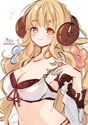  absurdres anila_(granblue_fantasy) anila_(summer)_(granblue_fantasy) bikini black_bikini blue_flower blush breasts brown_eyes brown_hair cleavage closed_mouth collarbone commentary_request curled_horns detached_sleeves draph female flower granblue_fantasy hair_flower hair_ornament hand_up highres horns large_breasts layered_bikini long_hair long_sleeves looking_at_viewer notice_lines official_alternate_costume red_flower ribbon-trimmed_bikini ribbon-trimmed_sleeves ribbon_trim sheep_horns short_eyebrows signature simple_background smile sofra solo swimsuit thick_eyebrows twitter_username upper_body very_long_hair white_background white_bikini white_sleeves 