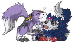  anthro bandai_namco blep blue_body blue_fur blush canid canine canis claws digimon digimon_(species) dorumon duo feral forehead_gem fur gem loogamon male mammal nuzzling portugueselynx purple_body purple_fur smile tongue tongue_out wolf x-digimon 