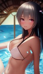  ai-generated bare_shoulders bikini blush breasts cleavage closed_mouth copyright_request day female from_side grey_hair large_breasts lips looking_at_viewer looking_to_the_side navel petals purple_eyes smile solo stomach swimsuit tranquillianusmajor upper_body water white_bikini 