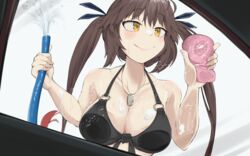  bikini black_bikini black_hair breasts dog_tags female front-tie_bikini_top front-tie_top girls&#039;_frontline halterneck highres holding holding_hose hose kuzumotsu large_breasts long_hair m14_(girls&#039;_frontline) o-ring o-ring_bikini o-ring_top smile solo swimsuit twintails upper_body washing_vehicle water 