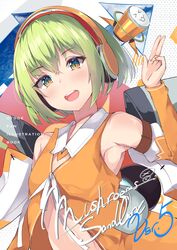  :d absurdres armpits bare_shoulders brown_eyes center_opening chunithm cover cover_page detached_sleeves female flat_chest green_hair hand_up headphones highres long_sleeves looking_at_viewer mushpz nail_polish open_mouth orange_shirt revealing_clothes shirt short_hair sky_feather_(chunithm) smile solo stomach upper_body wing_collar 