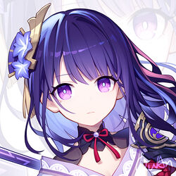  armor blue_flower bright_pupils closed_mouth commentary female flower genshin_impact hair_flower hair_ornament japanese_clothes kimono long_hair looking_at_viewer mole mole_under_eye polearm purple_eyes purple_hair quan_(kurisu_tina) raiden_shogun ribbon shoulder_armor solo tassel weapon zoom_layer 