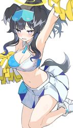  animal_ears arm_up black_hair blue_archive blue_skirt breasts bright_pupils cheerleader cleavage clothes_writing dog_ears dog_girl dog_tail eyewear_on_head female halo hibiki_(blue_archive) hibiki_(cheer_squad)_(blue_archive) highres medium_breasts midriff millennium_cheerleader_outfit_(blue_archive) navel official_alternate_costume pom_pom_(cheerleading) purple_eyes ruwo_benzen shoes simple_background skirt sneakers solo sunglasses tail thighs two-tone_skirt white_background white_footwear white_pupils white_skirt 