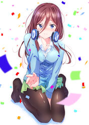  absurdres between_legs black_pantyhose blue_cardigan blue_eyes blush breasts brown_hair cardigan closed_mouth collared_shirt confetti dress_shirt female floating_hair full_body go-toubun_no_hanayome green_skirt hair_between_eyes hand_between_legs headphones headphones_around_neck highres kneeling long_hair long_sleeves looking_at_viewer miniskirt nakano_miku pantyhose pleated_skirt school_uniform shiny_clothes shiny_legwear shirt skirt solo straight_hair white_background white_shirt wing_collar yro_(user_hwfa3732) 