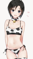  :d animal_print antenna_hair arms_behind_back ass_visible_through_thighs bare_shoulders bell bikini black_eyes black_hair blush breasts cleavage collar collarbone commentary_request cow_print cowboy_shot female flying_sweatdrops fur_collar groin hair_between_eyes highres idolmaster idolmaster_(classic) idolmaster_2 kikuchi_makoto looking_at_viewer midriff mogskg navel neck_bell open_mouth short_hair side-tie_bikini_bottom sidelocks simple_background small_breasts smile solo standing swimsuit thighhighs white_background white_bikini white_thighhighs 