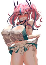  :p asanagi_(style) azur_lane bare_shoulders blue_hair blush breasts bremerton_(azur_lane) bremerton_(scorching-hot_training)_(azur_lane) clothes_lift collarbone commentary covered_nipples crop_top crop_top_overhang ear_piercing female hair_between_eyes hair_ornament hairclip highres huge_breasts kishin_tatu lifting_own_clothes long_hair looking_at_viewer multicolored_hair navel official_alternate_costume panties piercing pink_eyes pink_hair saliva saliva_trail shirt side-tie_panties sidelocks simple_background skirt skirt_lift sleeveless sleeveless_shirt solo sportswear standing streaked_hair sweat tennis_uniform thighs tongue tongue_out twintails two-tone_shirt two-tone_skirt underwear white_background white_panties x_hair_ornament 