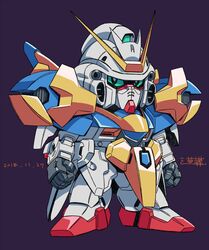  chibi dated green_eyes gundam looking_to_the_side mecha michi_kuso mobile_suit no_humans purple_background robot science_fiction sd_gundam solo standing v2_assault_gundam v2_gundam victory_gundam 