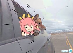  &gt;3&lt; &gt;_&lt; car chibi closed_eyes day facing_viewer female fox genshin_impact grey_car highres korean_commentary long_hair motor_vehicle ooyun outdoors photo_background pink_hair road solo twitter_username yae_miko 