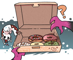  2021 3_fingers 6:5 ambiguous_gender ambiguous_pov big_tail biped black_body black_eyes black_nose black_scales box candy chocolate chocolate_sauce colored container dessert digital_media_(artwork) doughnut duo empty_eyes english_text featureless_crotch feral fingers first_person_view food fur holding_box holding_container holding_object jumping kemono lizard_(rain_world) looking_at_viewer mammal maple_cat micro monotone_body monotone_fur monotone_tail mouthless multicolored_body multicolored_scales pastry pink_body pink_lizard_(rain_world) pink_scales question_mark rain_world reptile scales scalie simple_background slugcat survivor_(rain_world) tail text two_tone_body two_tone_scales videocult white_body white_ears white_fur white_tail 