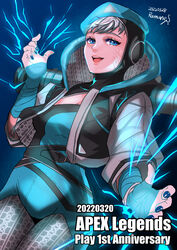  absurdres animification apex_legends bandaged_arm bandages beret black_jacket blue_bodysuit blue_hat blue_nails bodysuit breasts cleavage copyright_name dated female grey_hair hat haute_drop_wattson highres hood hooded_bodysuit hooded_jacket jacket medium_breasts official_alternate_costume satou_ramune scar scar_on_cheek scar_on_face smile solo wattson_(apex_legends) 