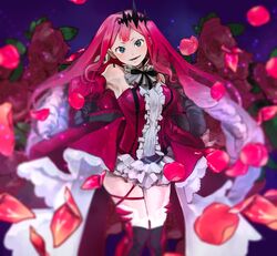  baobhan_sith_(fate) baobhan_sith_(first_ascension)_(fate) black_legwear black_ribbon blue_background blurry blurry_foreground fate/grand_order fate_(series) female flower frills highres long_hair mmykmk_(apple58) petals pink_hair ribbon rose smile thigh_strap thighhighs 