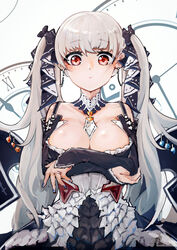  absurdres azur_lane bare_shoulders between_breasts black_bow black_dress blue_nails blush bow breasts cleavage clock closed_mouth corset cowboy_shot crossed_arms detached_sleeves dress earrings female formidable_(azur_lane) frilled_dress frills grey_hair hairbow highres jewelry jumbowhopper large_breasts layered_dress long_hair long_sleeves looking_at_viewer nail_polish photoshop_(medium) red_eyes roman_numeral solo twintails very_long_hair wrist_cuffs 