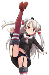  amatsukaze_(kancolle) axe_kick black_choker black_hat black_panties boots brown_eyes choker clenched_hand closed_mouth commentary cowboy_shot dress female frown garter_straps grey_hair grey_neckerchief hair_tubes hat high_heel_boots high_heels kakizaki_(chou_neji) kantai_collection kicking leg_up long_hair long_sleeves looking_at_viewer mini_hat neckerchief panties red_footwear red_thighhighs sailor_collar sailor_dress short_dress simple_background solo split standing standing_on_one_leg standing_split thighhighs two_side_up underwear white_background white_sailor_collar 