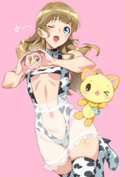  &gt;_o ;d alternate_costume animal_print blue_eyes blush boots brown_hair commentary cow_print female heart heart_hands highres long_hair looking_at_viewer mewkledreamy navel one_eye_closed open_mouth peko_(mewkledreamy) pink_background see-through simple_background smile standing star_(symbol) sugarbeat symbol-only_commentary thigh_boots thighhighs tsukishima_maira white_background white_footwear 