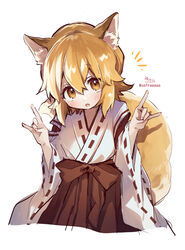  absurdres animal_ear_fluff animal_ears blonde_hair blush brown_eyes brown_hakama commentary_request double_fox_shadow_puppet female fox_ears fox_girl fox_shadow_puppet fox_tail hair_between_eyes hakama hakama_skirt hands_up highres japanese_clothes kimono long_sleeves miko notice_lines ribbon-trimmed_sleeves ribbon_trim senko_(sewayaki_kitsune_no_senko-san) sewayaki_kitsune_no_senko-san signature simple_background skirt sofra solo tail twitter_username white_background white_kimono wide_sleeves yellow_tail 