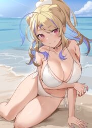  ahoge banned_artist bare_arms bare_shoulders beach bikini black_choker blonde_hair breast_hold breasts choker cleavage collarbone female hair_ornament hairclip halterneck highres icomochi large_breasts long_hair looking_at_viewer multicolored_hair ponytail red_eyes side-tie_bikini sitting smile solo streaked_hair string_bikini sumirezaki_rin swimsuit thighs two-tone_hair virtual_youtuber voice-ore water wet white_bikini x_hair_ornament yokozuwari 