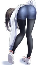  ass bent_over black_hair black_pantyhose blue_shorts denim denim_shorts female fine_fabric_emphasis from_behind full_body highres long_hair long_sleeves original pantyhose seero shoes shorts solo standing sweater white_footwear white_sweater 