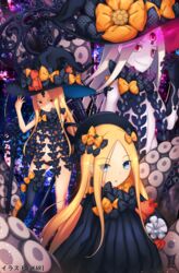  3girls abigail_williams_(fate) abigail_williams_(second_ascension)_(fate) abigail_williams_(third_ascension)_(fate) absurdres bare_shoulders black_bow black_dress black_headwear black_panties blonde_hair blue_eyes blush bow breasts colored_skin dress fate/grand_order fate_(series) forehead glowing glowing_eye grin hairbow hat hat_bow highres karikun77 keyhole long_hair looking_at_viewer multiple_girls multiple_hair_bows multiple_hat_bows multiple_persona navel open_mouth orange_bow panties parted_bangs polka_dot polka_dot_bow red_eyes revealing_clothes ribbed_dress single_thighhigh sleeves_past_fingers sleeves_past_wrists small_breasts smile stuffed_animal stuffed_toy teddy_bear tentacle thighhighs third_eye underwear white_hair white_skin witch_hat 