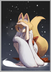  :d animal_ears barefoot blonde_hair blue_eyes border female fox_ears fox_girl fox_tail full_body grey_border japanese_clothes kimono long_sleeves looking_at_viewer open_mouth original shiroton_(kazamineko) short_hair smile snowing solo tail toes white_kimono 